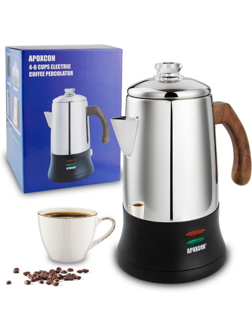 Stainless Steel Electric Coffee Percolator, 6 Cup with Clear Brew Knob & Keep